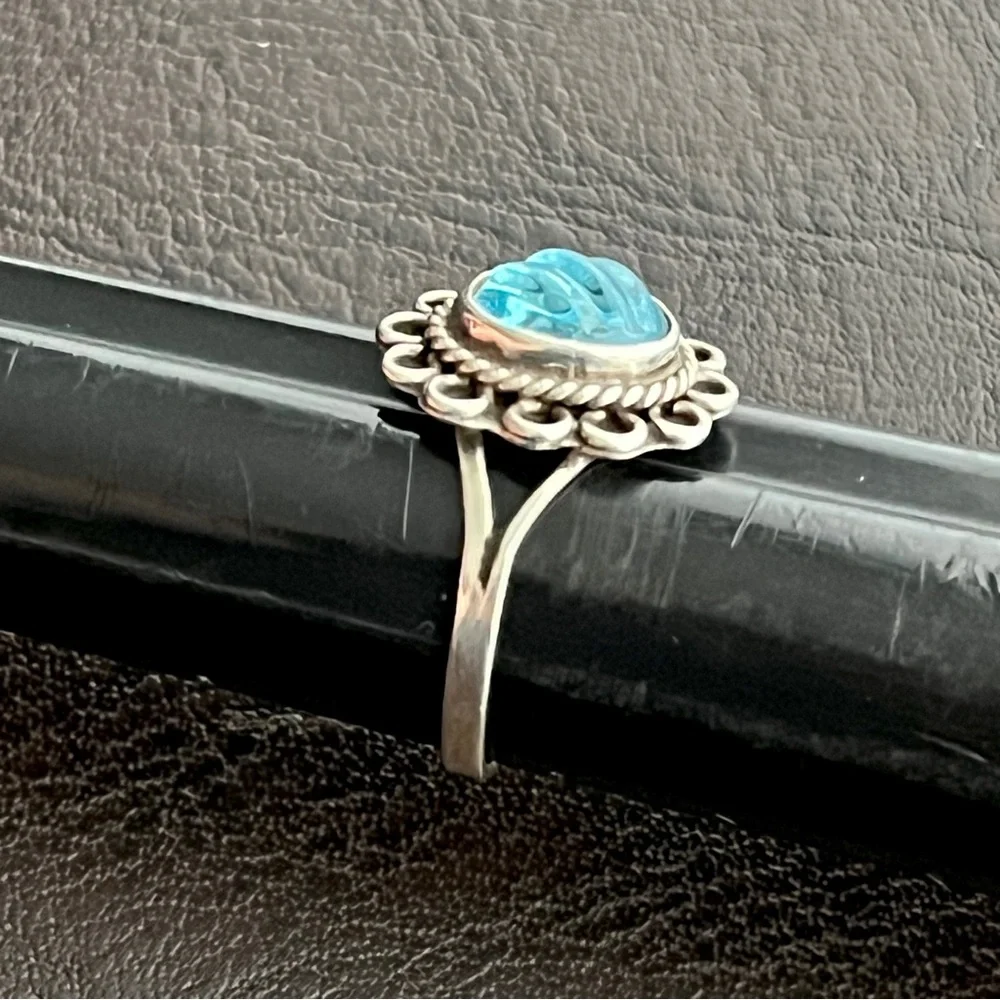 Vintage Taxco Mexico sterling silver carved glass ring Size 5.75
